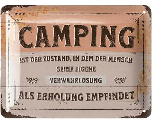 LANOLU Retro Blechschild CAMPING IST ERHOLUNG, Camper Geschenke für Wohnmobilfahrer als lustige Wohnwagen Deko, Camping Regeln Deko Wohnwagen, Metallschild in Holz Optik 15x20 cm