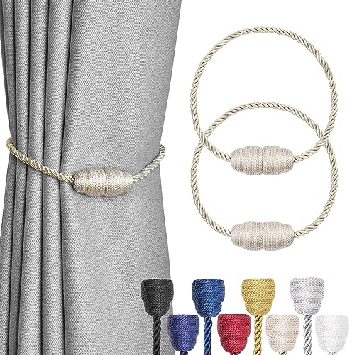 Pretty Jolly 2 Pack Strong Magnetic Curtain Tiebacks - Handmade Weave Side Rope Curtain Holdbacks - Unique & Elegant Decorative Tie Backs for Home & Office Window Drapery (Beige)
