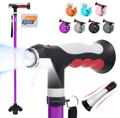 BigAlex Folding Walking Cane with Two Led Lights for Elderly Solid Base Adjustable Walking Stick with Carrying Bag for Men Women