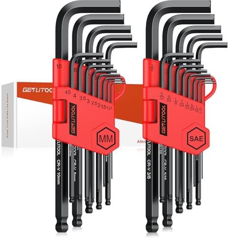 GETLITOOL Set 26PZ Chiave Esagonale a T Lungo con Testa Sfera Metrico/Pollice Chiavi a Brugola Combinate 13X Chiave Metrica 1.27-10mm + 13X Chiavi SAE 0.05-3/8in per Riparazione DIY - Nero