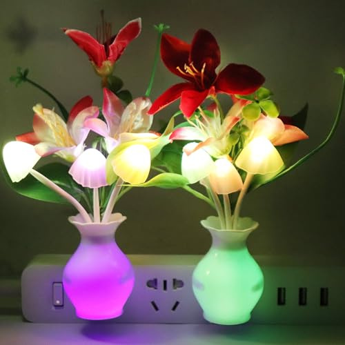 AUSAYE 2 PCS Plug-in Night Light with Auto Light Sensor,RGB LED Mushroom Night Light Wall Red Lily Flower Lamp Energy Efficient Light for Adults Kids Nursery Room,Bedroom,Lounge,Hallway,Stairs