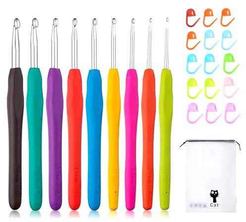 GWAWG Häkelnadeln Set für Anfänger 9 Stück Aluminium Stricken mit 15 Häkelnadeln in zufälligen Farben Ergonomische Soft Grip Gummi Griffe Häkeln Kits für Kinder