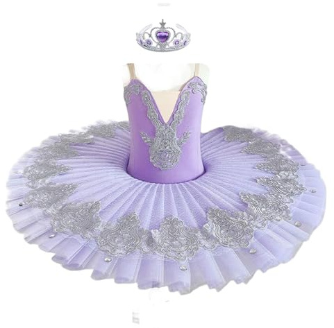 Costume da tutù di Balletto Professionale per Ragazze, Bambino, Piatto da Principessa, Pancake, Lago dei cigni, Ballerina, Costume da Competizione,Viola,150