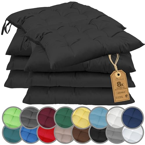NatureMark Lot de 8 Galettes de Chaises avec Rubans 40x40 cm – Coussin de Chaise Épais pour Intérieur & Jardin – Couleur Noir
