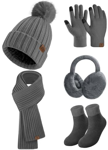 heekpek 5 en 1 Tricotés Ensemble Femme Hiver Bonnet Echarpe Gants d'écran Tactile Doublure Doux Tricoté Chaud Cache Oreilles Chaussettes Thermiques pour l'hiver Ski Sports, Gris Foncé, Taille unique