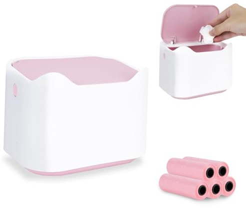 IBEQUEM Mini Desktop Bin, Desk Trash Can with Lid, Desktop Paper Bin with 5 Rolls of Bin Liners, Portable Tabletop Dustbin, Pink Tiny Countertop Rubbish Storage for Office Bedroom Desk Car Kitchen