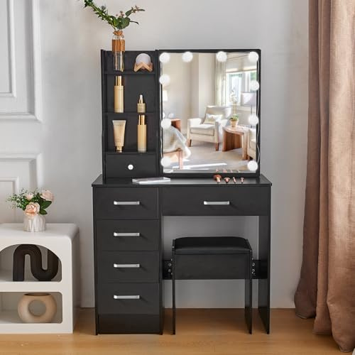 Postazione trucco, Toletta da trucco con specchio regolabile LED illuminato, Specchiera trucco, Tavolino da toilette con 6 cassetti, 3 ripiani aperti per la camera da letto (maniglie in cristallo)