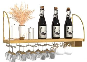 Botellero Vino Pared Vinoteca Mueble Bar Garrafeira Mini Bar Wine Rack Mueble Comedor Cocina Estanteria Madera Estantes de Almacenamiento para Barra para Bar Cocina Despensa Bodega(Gold,WITH GLASS RAC