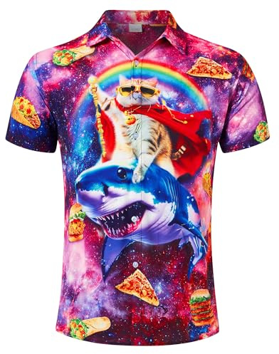 RAISEVERN Hawaiianska skjortor för män kortärmad rolig ful vardaglig skjorta, M-XXL, Pizza katter 7, M