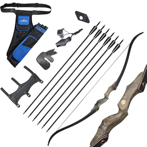 TOPARCHERY Pfeil und Bogen Set,60 Zoll Takedown Recurvebogen Sportbogen Holzbogengriff Rechtshand für Erwachsene & Fortgeschrittene 30-50lbs