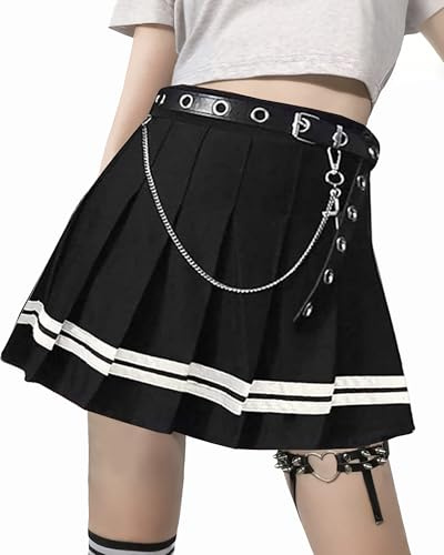 XKBHYD Punk Kreuz Druck Mini Röcke Damen mit Kette Gürtel Faltenrock Uniform Gothic Femboy Skirt