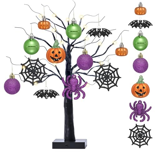 Valery Madelyn 16 Inch Halloween Black Tree with 12pcs Shatterproof Ornaments, Halloween Tabletop with Hanging Tree Decorations Ball Pumpkins Spider Bat Jack O Lantern(24 Orange LEDs)