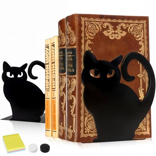DARUITE Buchstütze, 1 Paar Buchstützen mit Schwarzer Katze, Einzigartige Dekorative Bücherstütze, rutschfeste Buchstützen aus Metall, Ideal für Zuhause, Büro oder Schule