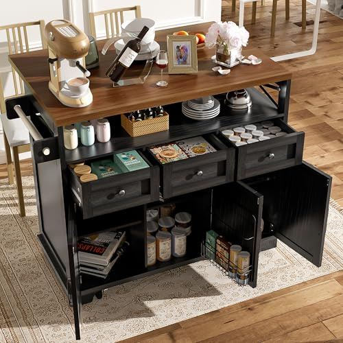 Ymkua Küchenwagen, Kücheninsel, Küchenschrank, Buffetschrank Speisewagen mit Arbeitsplatte klappbar, Stauraum Esswagen Anrichte mit 3 Schubladen, 3 Türen und Gewürzregal, 118×43×98 cm (Schwarz)