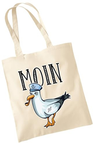 OM3 Baumwolltasche mit Spruch - Moin mit Seemöwe Möwe Seemann - Statement - Baumwollbeutel - Tasche - Lange Henkel