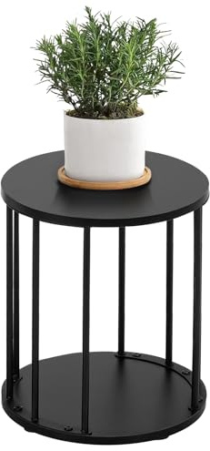 HDANI Soporte Redondo para Plantas de Metal de 35 cm,Soporte para Flores Sólido y Robusto para Salón,Jardín,Balcón,Taburete para Flores de Madera,Negro