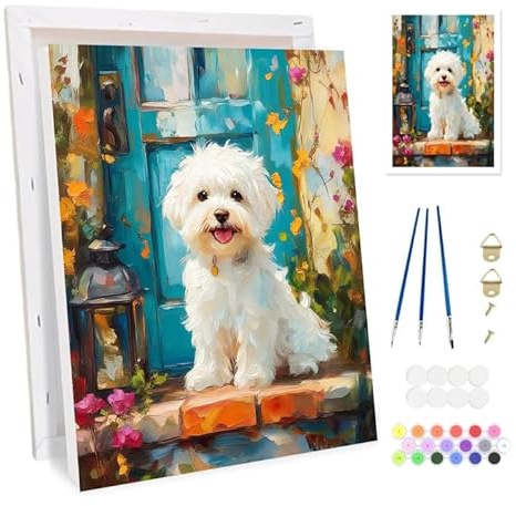 Bowetile inramad måla efter siffror för vuxna, skär hund måla efter siffror kit för vuxna nybörjare canvas-kit, gör-det-själv färgglad oljemålning akrylfärger för hem väggdekor 20 x 30 cm