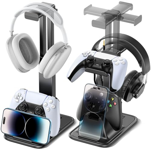 Support Casque Gamer Réglable avec Support Téléphone & Porte-Manette, Support de Bureau Universel pour Casques Gaming, Porte Casque Rotation 360° avec Rangement Câble, Organisateur de Bureau