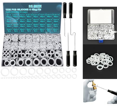 babominimer Set di 1228 anelli in silicone resistenti al calore e all'olio, kit di alta elasticità bianco, 32 misure confezionate, più 4 cacciaviti con manico nero, adatto per riparazione tubi