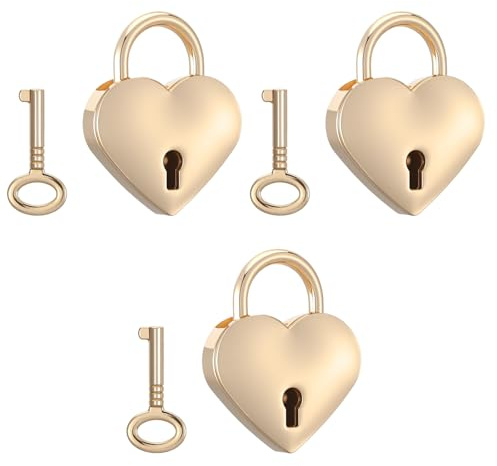 3PCS Mini Heart Shaped Padlock with Key, Gold Heart Shaped Padlock, Cute Notebook Locks, Small Metal Decorative Locks for Diary Book, Jewelry Box, Storage Box, Necklace, Keychain, Collar and Mini Bag