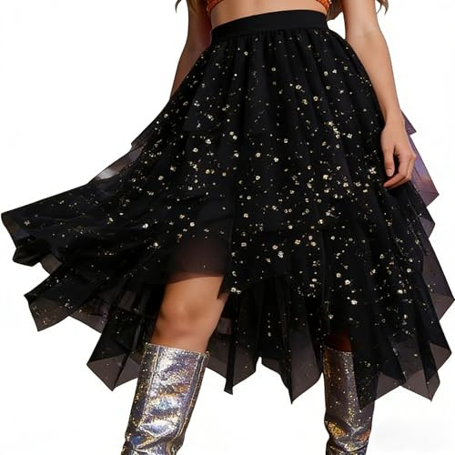 Gonna in tulle, lunga da donna, con glitter, a vita alta, gonna con brillantini, in rete multistrato, in tulle, per carnevale, per cosplay, 014 nero, L