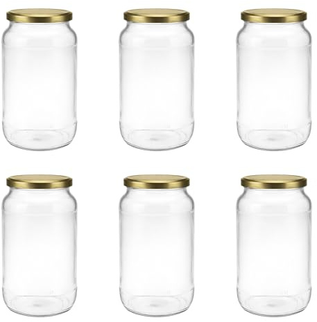 hocz 6x Einmachgläser 1 Liter | mit Deckel Gold TO 82 | leere Gläser mit Schraubdeckel zum befüllen 1 L | 1000 ml Sturzgläser, Schraubgläser, Marmeladengläser Set | 6 Stück