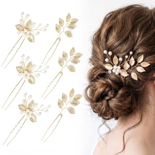 Lot de 6 Accessoires Cheveux en Or Feuilles, Pinces U pour Femme