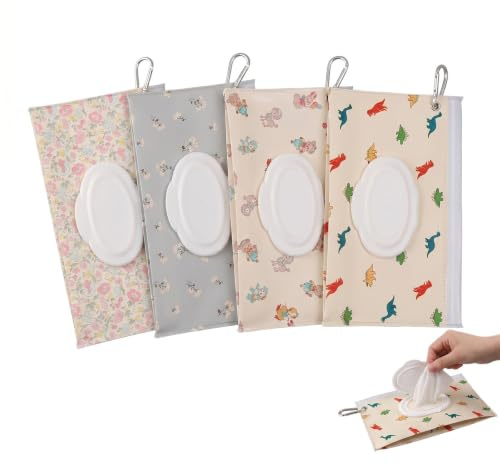 4 Stück Feuchttücher Tasche für Babys - Wiederverwendbare Feuchttücher Box Unterwegs mit Klappdeckel, Tragbarer Feuchttuchspender für Reisen, Kindergarten & Wickeltasche, 4 Süße Designs