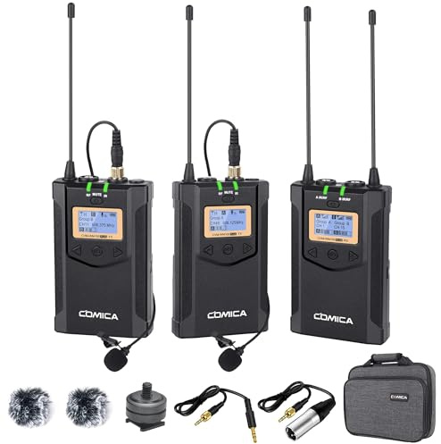 COMICA Wireless Lavalier Microphone, with Carrying Bag, CVM-WM100 PLUS UHF 48 Channels Dual Lapel Microphone System for DSLR Cameras, XLR Camcorder, Phone, Lav Mic for Interview Youtube Vlog