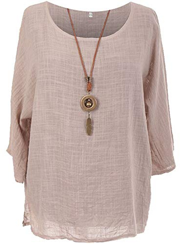 Storm Island® Stylist Italian Ladies Cotton Top Necklace Women Tunic Dress Shirt (Beige, 16-18 UK)