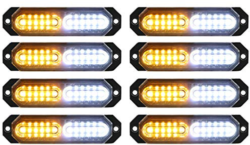 ASPL 8pcs Sync Feature Ultra Slim 12-LED Surface Mount Flashing Strobe Lights for Truck Car Vehicle LED Mini Grille Light Head Emergency Beacon Hazard Warning Lights (Amber/White)
