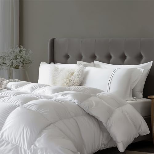 Beautyrest 300TC Sateen Cotton European White Down Comforter Queen Size - All Seasons Warmth 650 Fill Power Down Duvet Insert Made in USA Feather Comforter with Baffle Box and Corner Loops Design