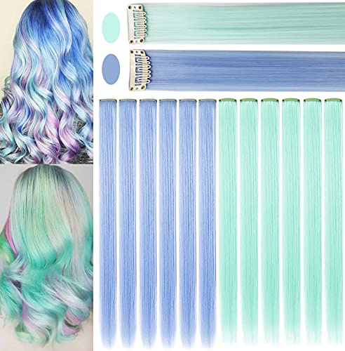 JCHDWSGUO 10 Stück Farbige Haarverlängerungen 21 Zoll Hitzebeständige Synthetische Glatte Haarverlängerungen Clip in Mädchen Damen Holiday Party Hair Highlights (Hellblau,Hellgrün) | Hitzebeständige Synthetische Glatte Haarverlängerungen Clip in Mädchen Damen Holiday Party Hair Highlights