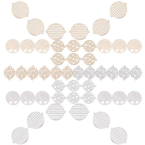 SUNNYCLUE 1 Scatola 48 Pezzi 4 Stili Connettore Rotondo Ciondoli Ottone Piatto Filigrana Albero della Vita Cuore Stella Freccia Cavi Connettori in Metallo per Collane Orecchini Artigianato