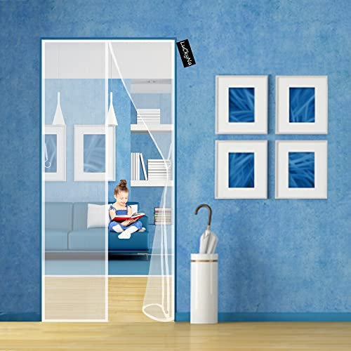 Insect Screen Door Screen, Mesh Fly Curtain 185x225cm(72x88inch) with Magnets & Full Frame Magic Tape Automatic Closing Keeps Bugs Out & Fresh Air in - for Patio Balcony - White