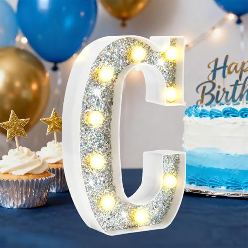 LED Marquee Letter Lights, Light Up Silver Letters for Bedroom Glitter Gifts for Teenage Girls Alphabet Letter Sign Battery Powered Night Light Birthday Party Wedding Home Decoration, Silver Letter C