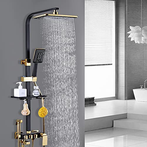 Duscharmatur Schwarz Gold Duschsystem Duscharmatur Mit Thermostat Mischbatterie Edelstahl Duschsystem Wandmontage Regendusche Duschstange mit Kopfbrause Und Hochdruck-Spritzpistole