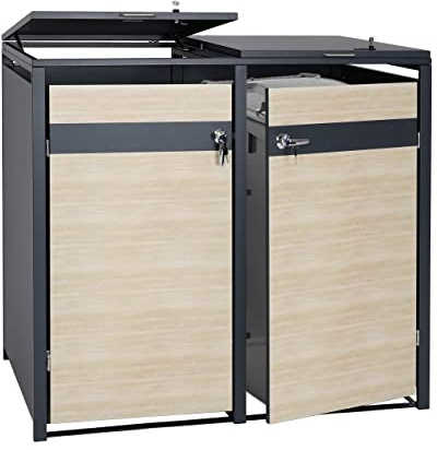 2er Mülltonnenverkleidung HWC-J82, Mülltonnenbox, erweiterbar, Metall 50kg, anthrazit - Buche-Holzoptik Hellbraun