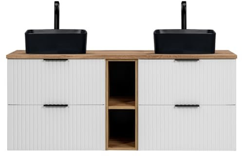 Lomadox Waschtisch 140cm mit 2 Aufsatzbecken, weiß mit Eiche Nb., Front gerillt, Keramikwaschbecken schwarz