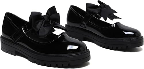 BloomFashion® Girls Mary Jane Black Patent School Shoes | Toddler Kids Anti-Slip Uniform Flats with Detachable Bow Strap