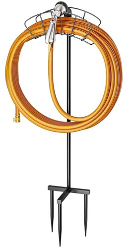 ESOW Supporto per tubo da giardino, autoportante, in metallo resistente, supporto per tubo dell'acqua, avvolgitubo da giardino, per esterni, giardino, cortile, prato, nero (tubo non incluso)