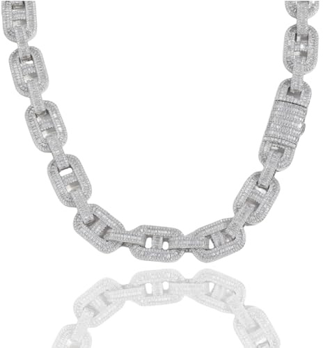 ICEDIAMOND 15MM Baguette CZ Diamant Kette Halskette Iced Out Dual D Link Kubanische Kette Hip Hop Modeschmuck für Männer Frauen (White, 20'')