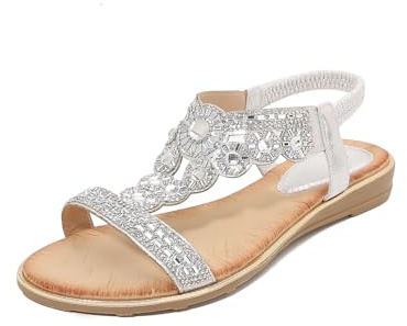 WOFANLULY Sandaler för kvinnor, platta glittrande strass, gladiatorsandaler för damer, T-rem, damsandaler för sommar, strand, semester, utomhus, FLISA, 40 EU
