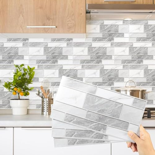 Decoroom Azulejos Autoadhesivos Gris & Blanco 15x30cm/24Pcs Baldosas Pegatinas Adhesivas Ladrillos Vinilo PVC Impermeable Decorativa Cocina Baños Baldosas Adhesivas Pared