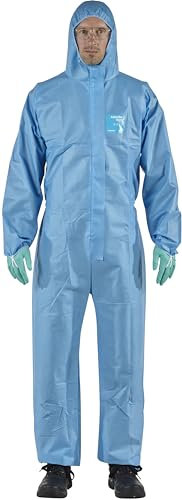 Ansell AlphaTec 1500 Model 111, Disposable Work Overall with Hood, Chemical Protection Type 5/6, Water Repellent Coverall Suit, Industrial Safety Workwear, Men Women, Blue, Size 2XL (1 Unit)