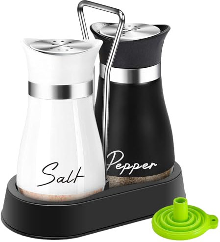 UDQYQ Juego de salero y pimentero con soporte, juegos de vinagrera de acero inoxidable con parte inferior de cristal, utensilios de cocina recargables para mostrador, mesa de decoración moderna (negro