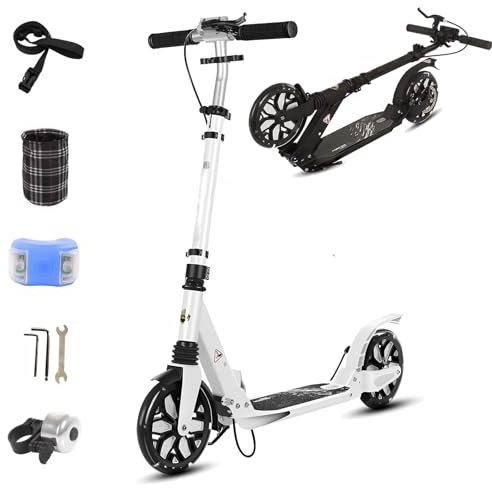 GHBXJX Klappbarer Kickscooter, Höhenverstellbarer Scooter Kinder und Erwachsene bis 130kg, Leichter Kinderroller ab 8 Jahren, LED 200mm Räder, Cityroller, Aluminium Scooter ABEC 9,Weiß