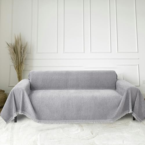FLRISNTIG Sofa-Schonbezüge Mit Fransen, Chenille Decke, Anti-Rutsch Abdeckung, Multifunktionsdecke Für Zuhause, Wohnzimmer, Büro (Hellgrau, 180x260 cm)