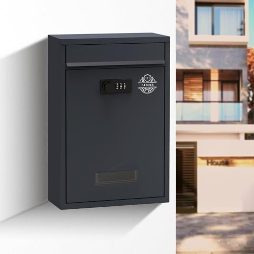 Faboer Letter Mail Post Box, Wall Mounted Letterbox, Mailbox, Combination Lock, Viewing Windows, Nameplate, Easy to Install, 8.5 x 21.5 x 32 cm, Anthracite Grey