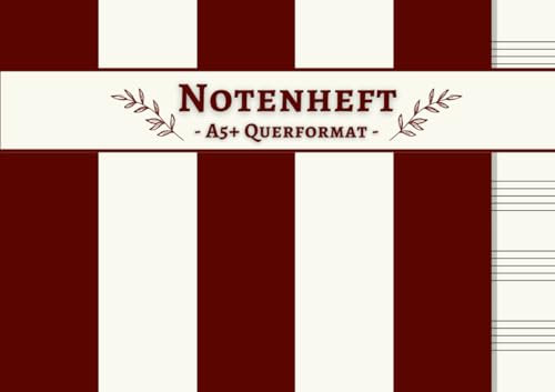 Notenheft A5+ Querformat: 110 Seiten mit 5 großen Notenzeilen – Rot-weißes Cover